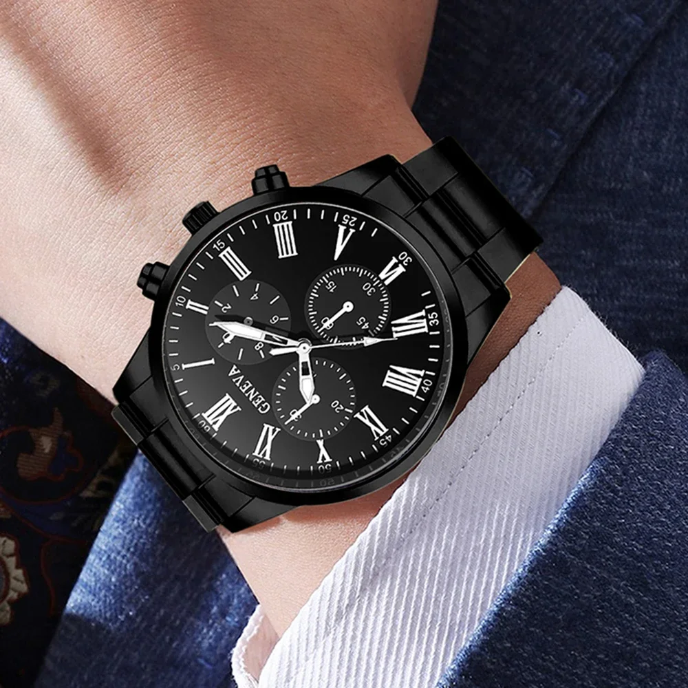 Men's Watch Set Business Trend Fashion Roman Digital Scale Dial Quartz Watch Bracelet Necklace Ring Set Perfect Gift - view 4