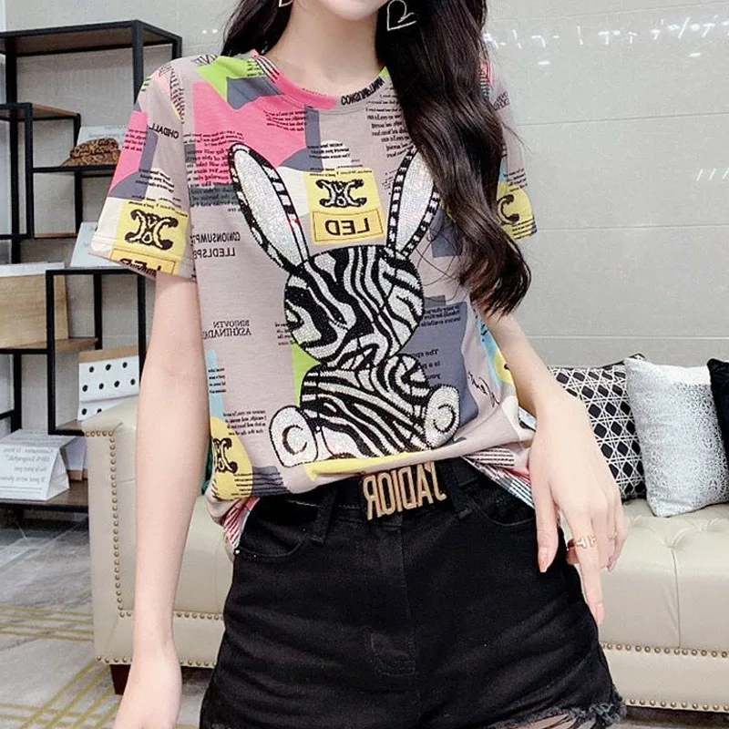 Casual Korean Printed Spliced Short Sleeve T-shirt Female Summer Fashion All-match Round Neck Pullovers Tops Women\'s Clothing