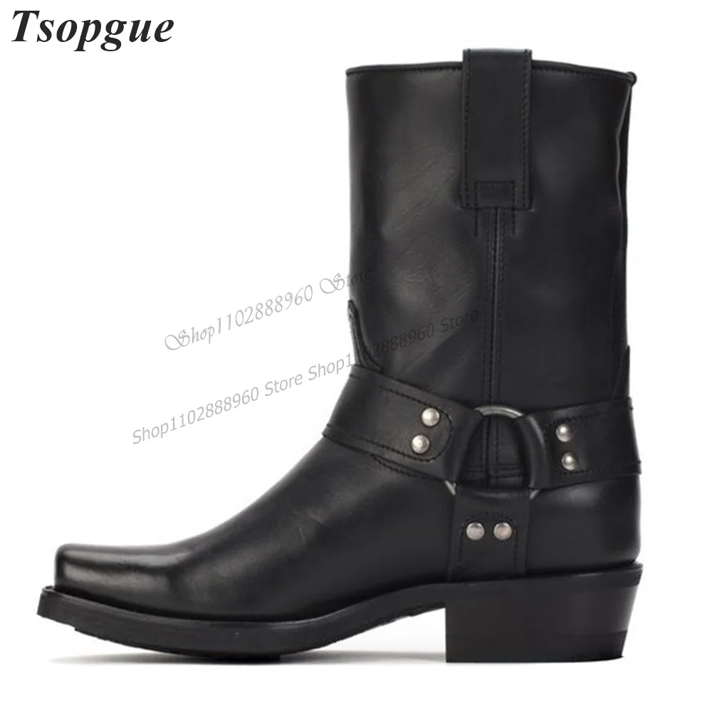 Mid Calf Black Leather Belt Square Toe Men\'s Boots Men Shoes Slip-On Runway Casual Party Shoes 2023 Fashionable Zapatillas Mujer