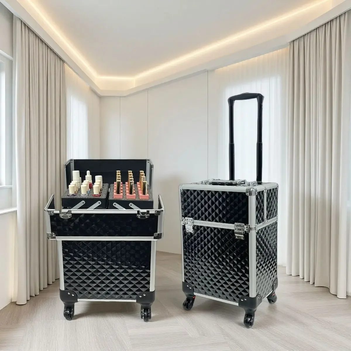 Portable Cosmetic Box Jewelry Organizer Lockable with Keys and Mirror 2-Tier Trays Makeup Train Case for Makeup Artists