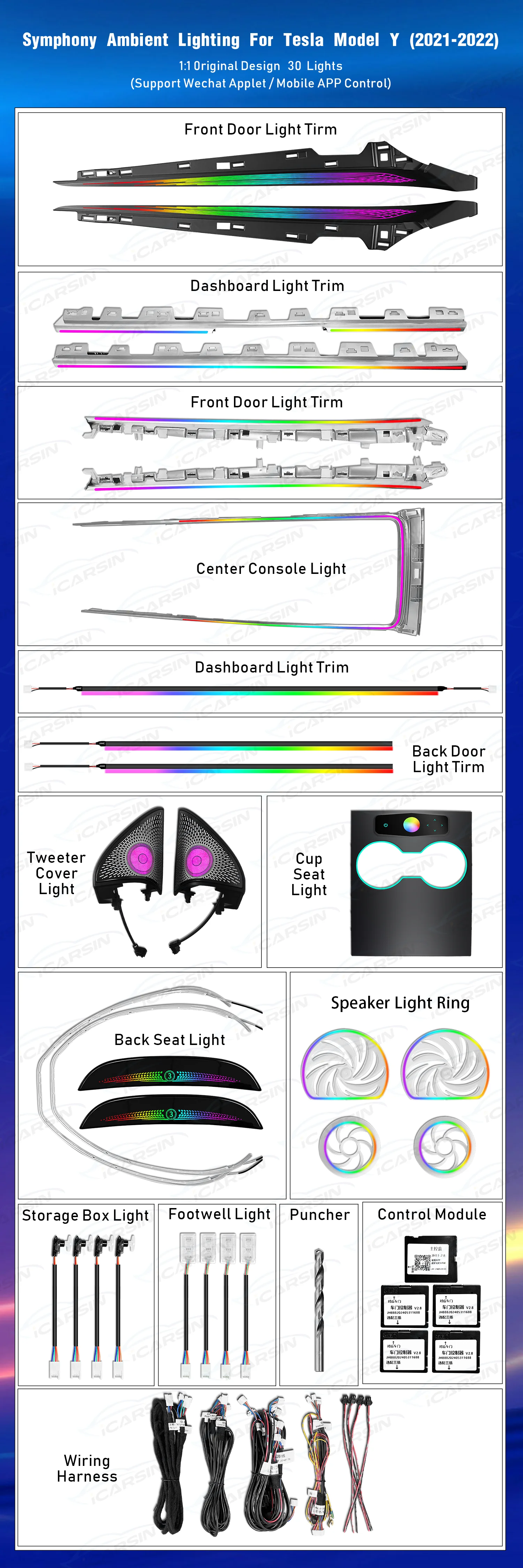 For Upgrade 256 Colors Symphony Led Car Interior Ambient Lighting Accessories For Tesla Model 3/Y 2021-2025 Atmosphere Light Str