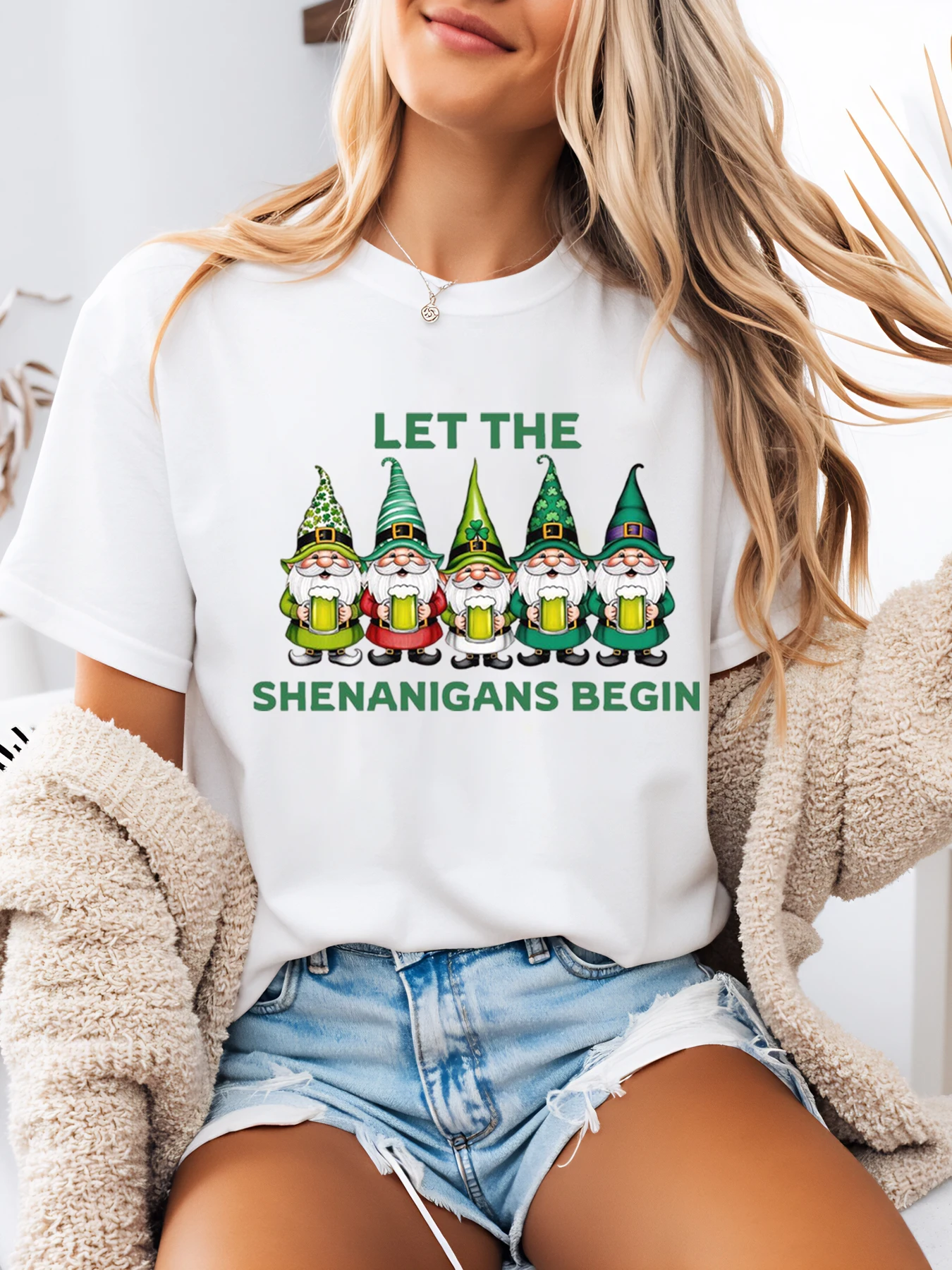 Gnomes with Beer Let the Shenanigans Begin St. Patrick's Day T-Shirt Women's Casual Wear White Plus-Size
