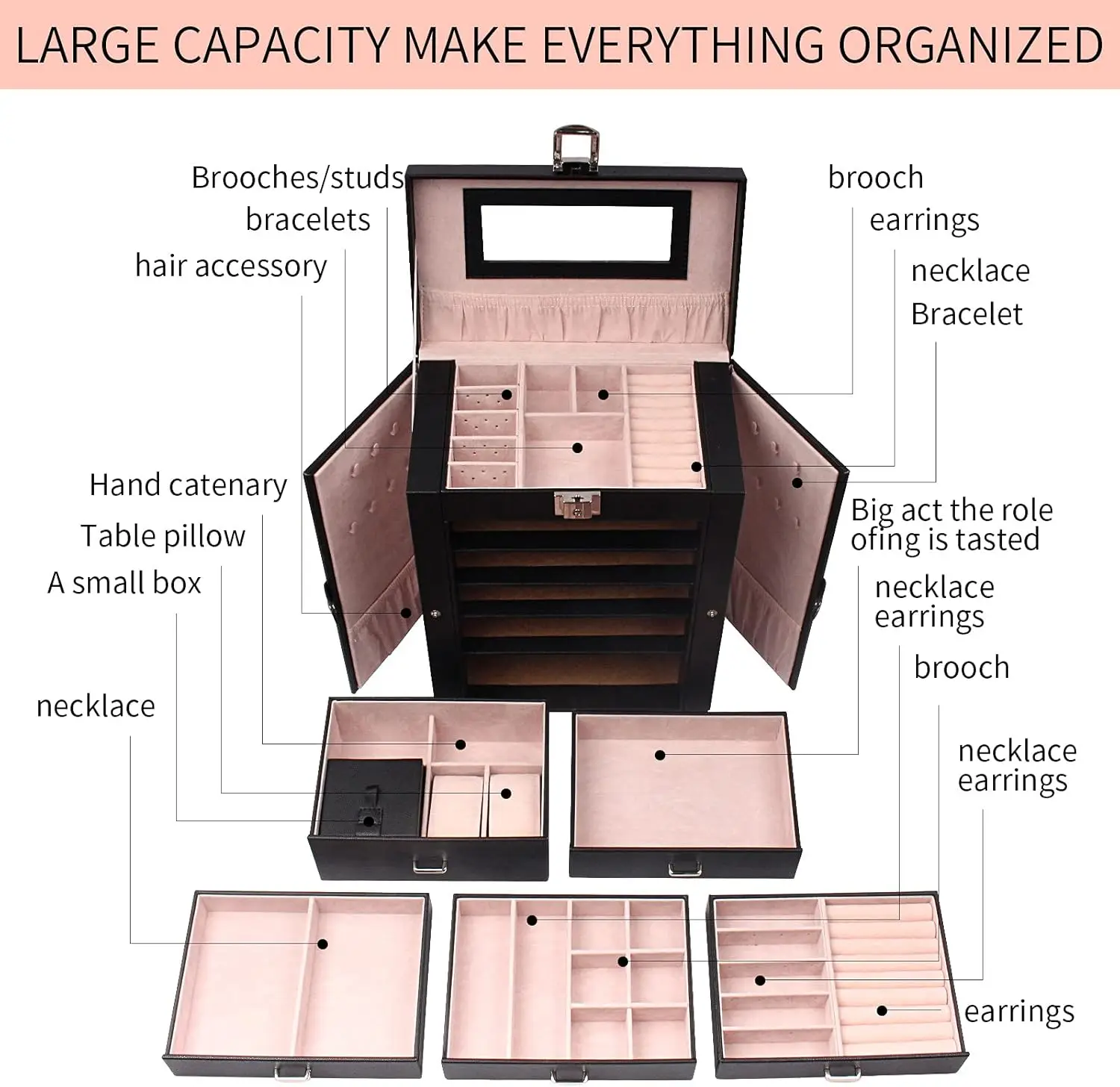 6-Tier Jewelry Organizer with Mirror, Lockable Drawers, Large Storage for Rings, Earrings, Necklaces - Perfect Gift
