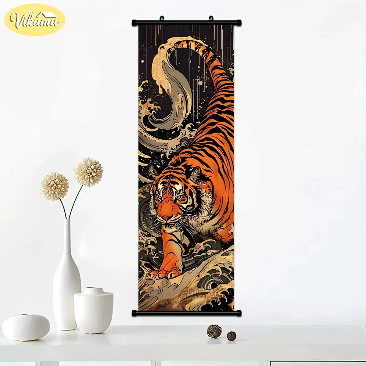 Ukiyo-e Tiger Scroll Tapestry, Narrow-Width “Tiger Descending the Mountain” Wall Hanging, Bedroom Home Decor