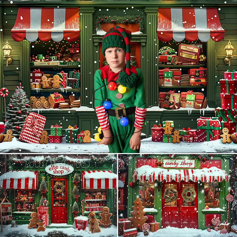 Christmas Candy Store Backdrop Christmas Candy Gingerbread Cookie Striped Awning Wreath Decor Background Photo Studio Photocall