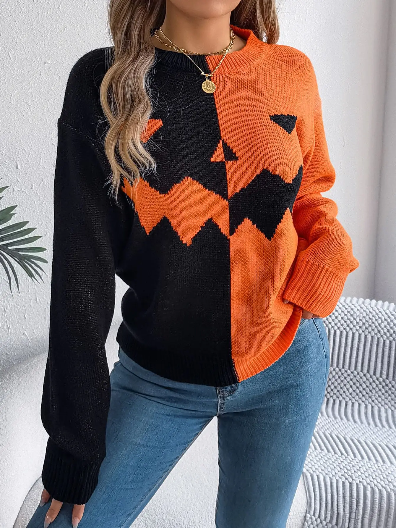 Autumn And Winter Halloween New Arrival Women's Sweater Ghost Pumpkin Color Block Knitted Long Sleeve Crewneck Casua Sweater