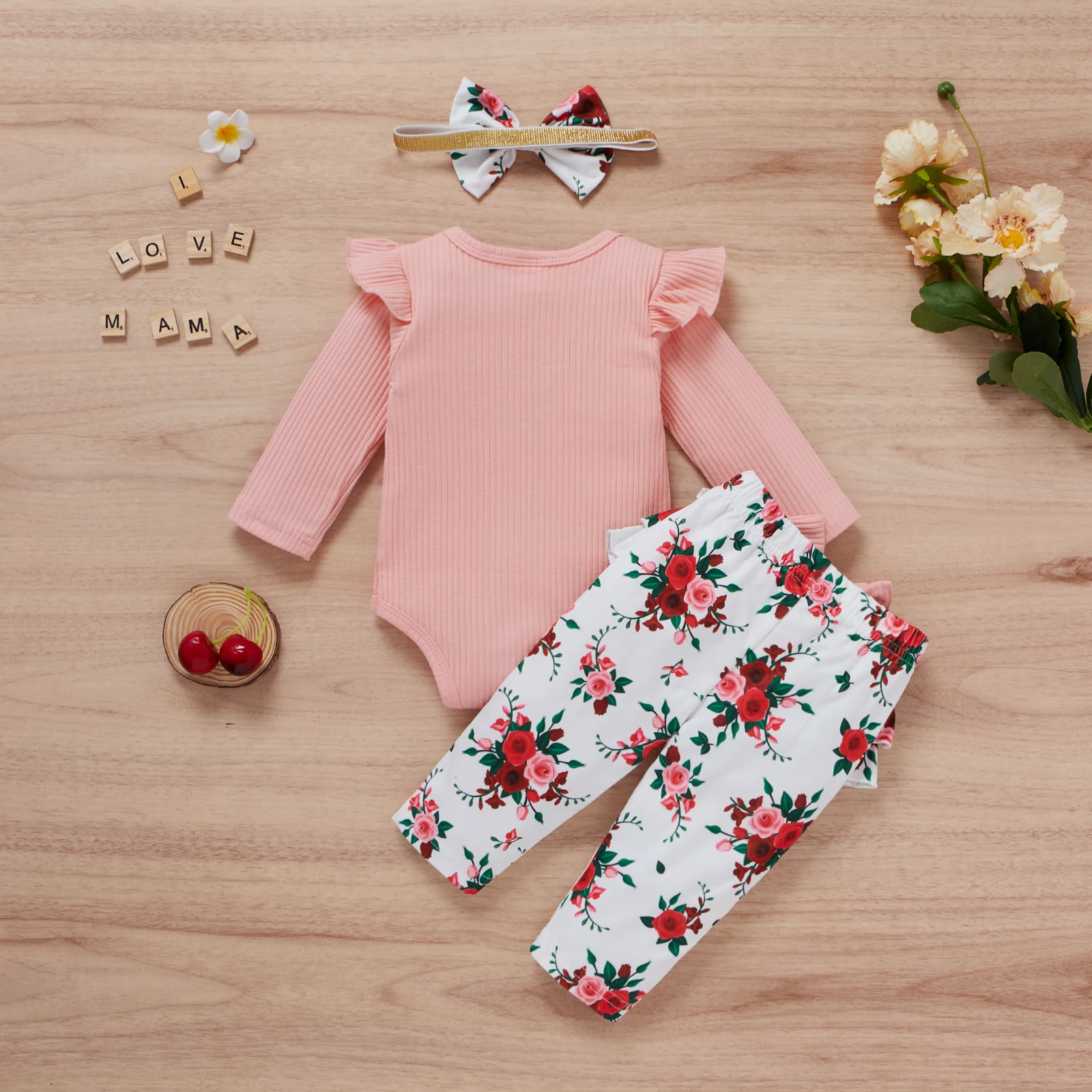 3PCS Spring New Style For 0-2-Year-Old Girls And Babies Casual Letter Printed Long Sleeves + Printed Trousers + Hair Band Set