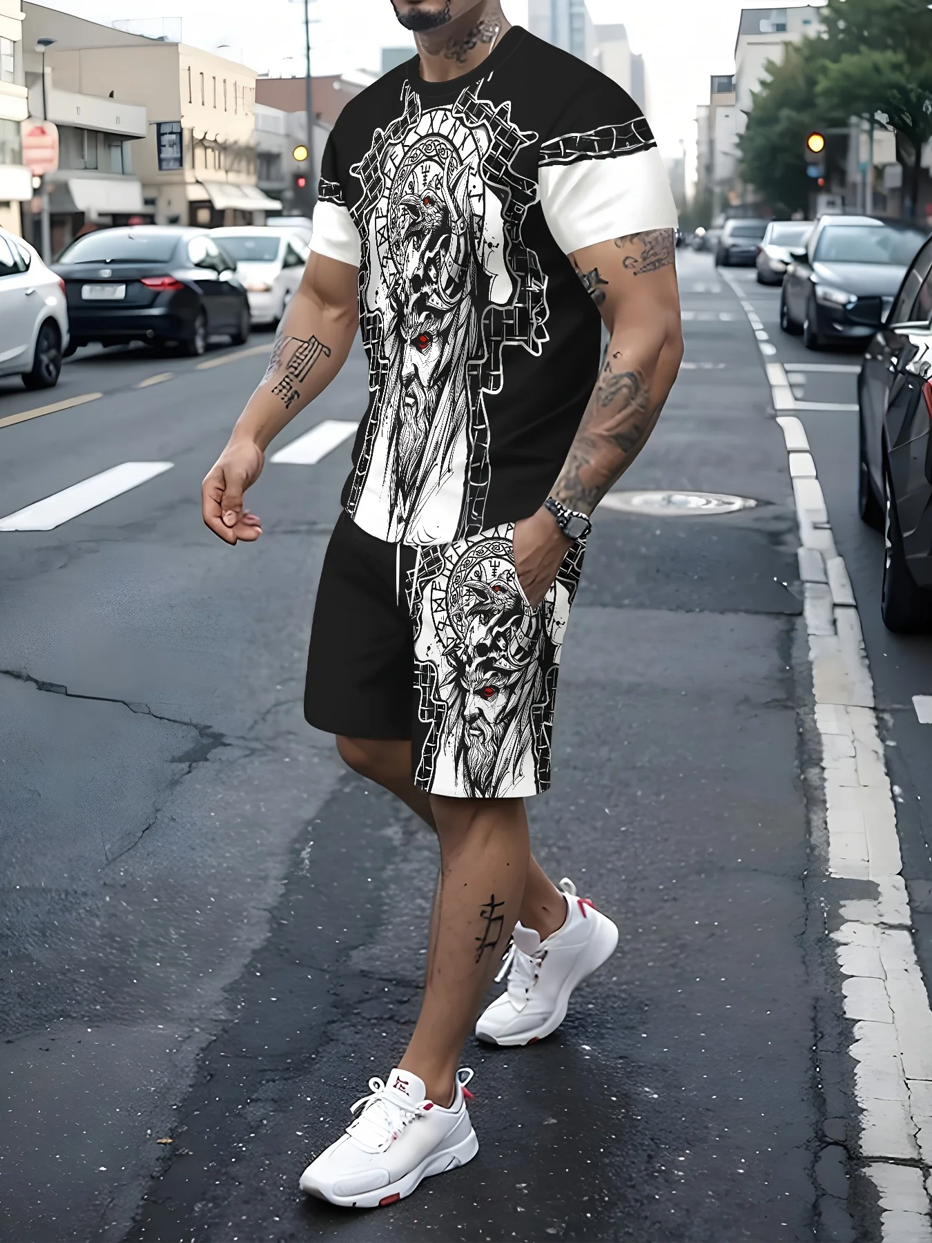 

Summer 2025 new black and white 3D printed outdoor casual quick-drying breathable men's set