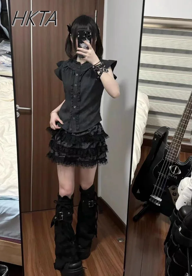 

Summer New Sweet Flying Sleeve Blouse Women Vintage Pleated Hot Girl Top Shirt Girls Cake Black Short Skirt Three Pieces Sets