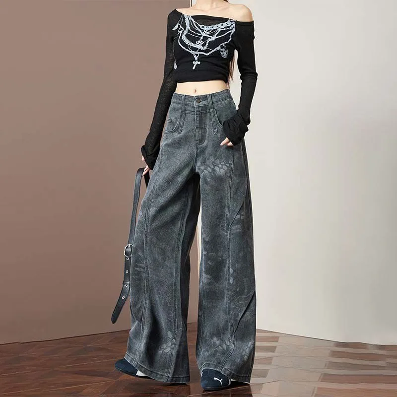 New Women's Black and Gray Printed Tooling Jeans Autumn Winter Retro High-waisted Wide-leg Pants Female Casual Denim Trousers