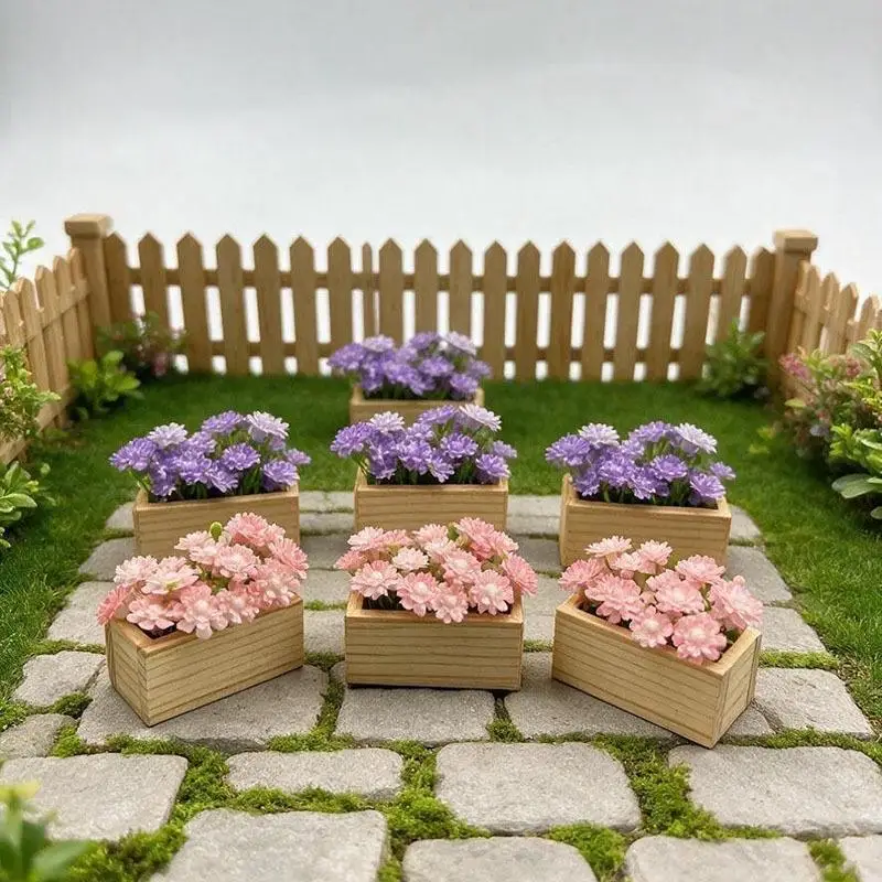 1Pcs Simulated Wooden Box Miniature Flower Potted Plants Garden Lifelike Artificial Flower Miniature Potted Plants Decoration
