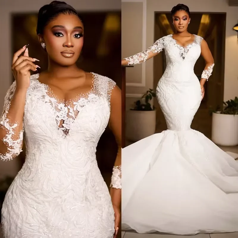 

Customized Elegant Mermaid Wedding Dress 2026 Round Neck Long Sleeve Satin Lace Bead Embroidery Bride Vestido De Noiva