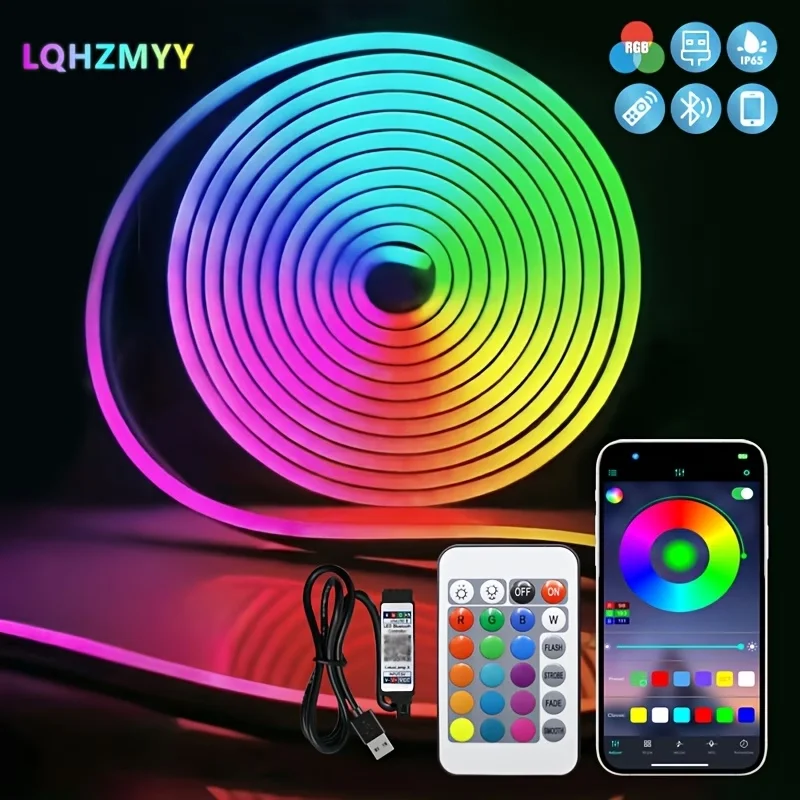 Lqhzmyy Dc5V USB Rgb Led Neon Led Strip Light, 1M/2M/3M/4M/5M, Bluetooth App and Remote Control, Smart Rgb Neon Led Strip, Suitable for Neon Decorative Lighting, Party Decoration