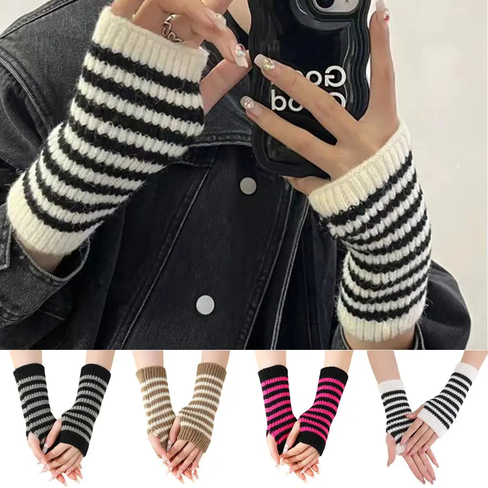 

Outdoor Stretch Mittens Knitted Arm Warmer Wool Knitting Warm Half Gloves 21cm Striped Fingerless Gloves Soft Knit Arm Sleeves