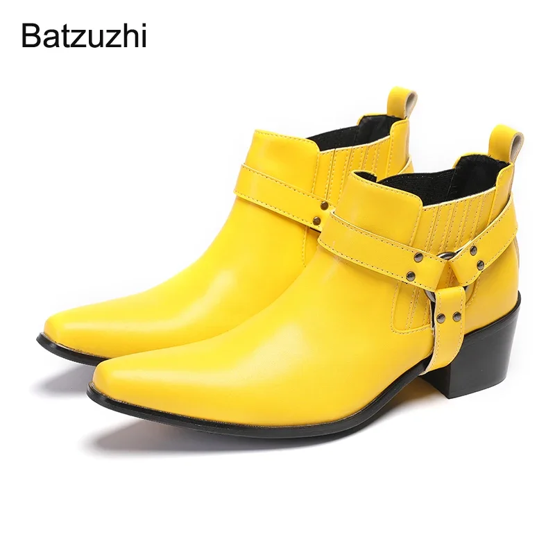 

Batzuzhi Cowboy Yellow Men's Boots High Heels 6.5cm Pointed Toe Leather Ankle Boots for Men Business/Party, Big Size 37-47