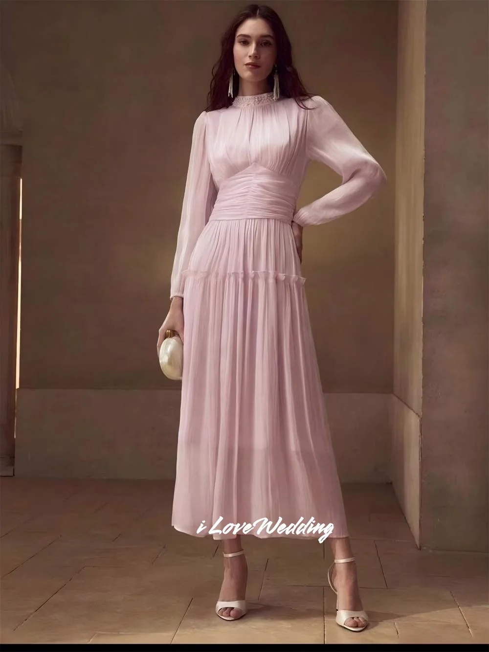 

Pink High Neck Prom Dresses Long Sleeve Beaded A-Line Ruffles Elegant Bespoke Occasion Dresses Ankle-Length Pleated Customized