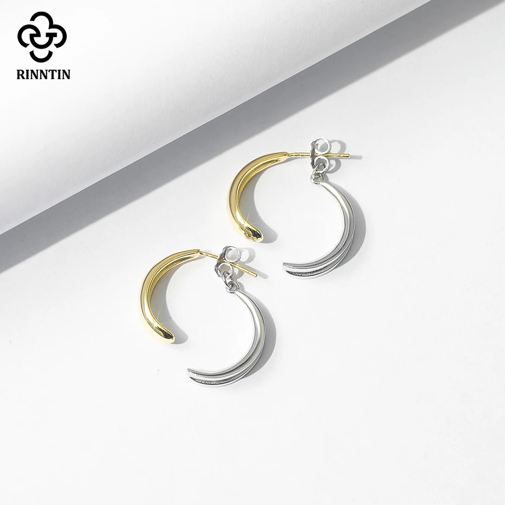 

Rinntin Genuine 925 Sterling Silver Chunky Hoop Earrings 14K Gold Plated Geometric Circle Punk Ear Jewelry Party Present GAE15