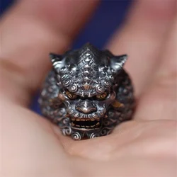 Auspicious Tang Lion Pattern Ring Men Jewelry Personality Carving China-Chic Style Vintage Lion Ring Male Finger Accessories