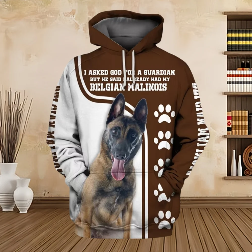 2024 New Hoodies 3D Graphic Silver Ribbon Hoodies Animals Dog Belgian Malinois Sweatshirts Casual Harajuku Sportswear Clothing