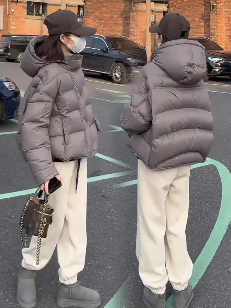 

Gray Hooded down Jacket Women's Short Top 2026 Winter New Korean Loose White Duck Feather Bread Coat Outerwear