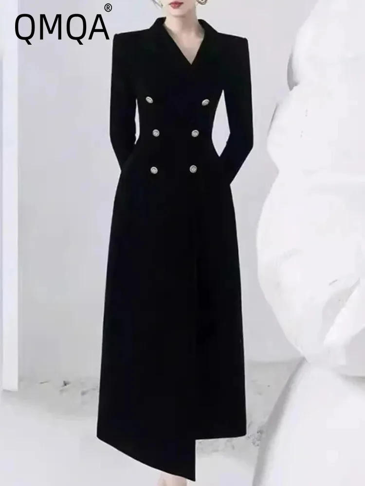 

QMQA Fashion Women's Elegant Trench Coat Velvet V-neck Double Chest Ultra Thin Irregular Hemp Windbreaker Autumn Trendy 1A363