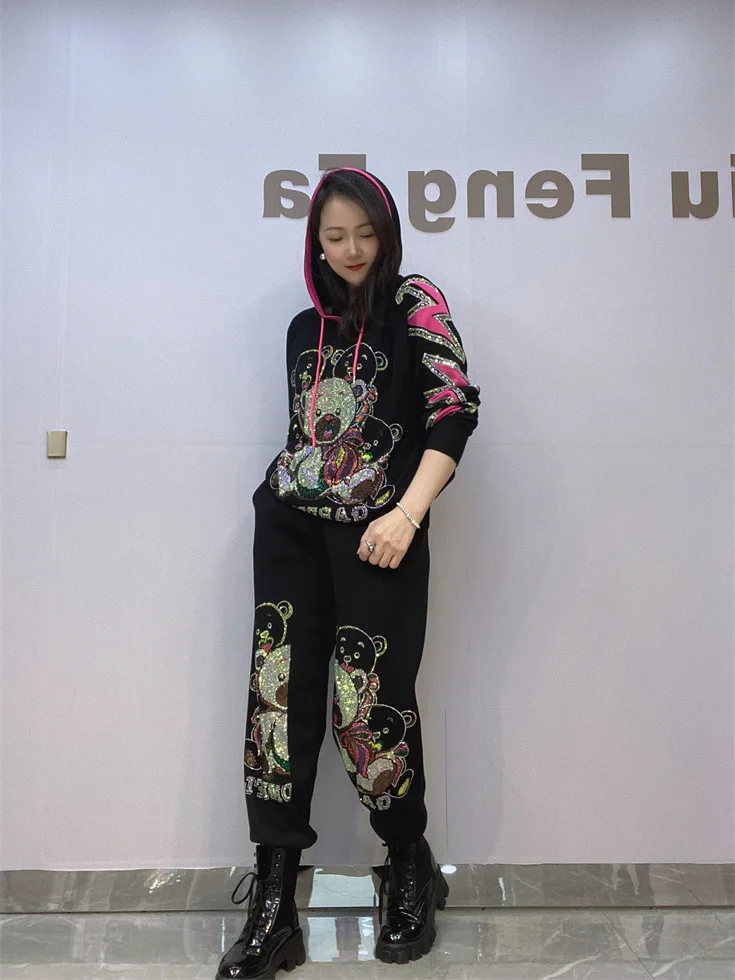 Fashion Pant Sets Women Spring and Autumn Long-Sleeved Cartoon Bear Rhinestone Hoodie Coat Sportswear Two-Piece Sets Female