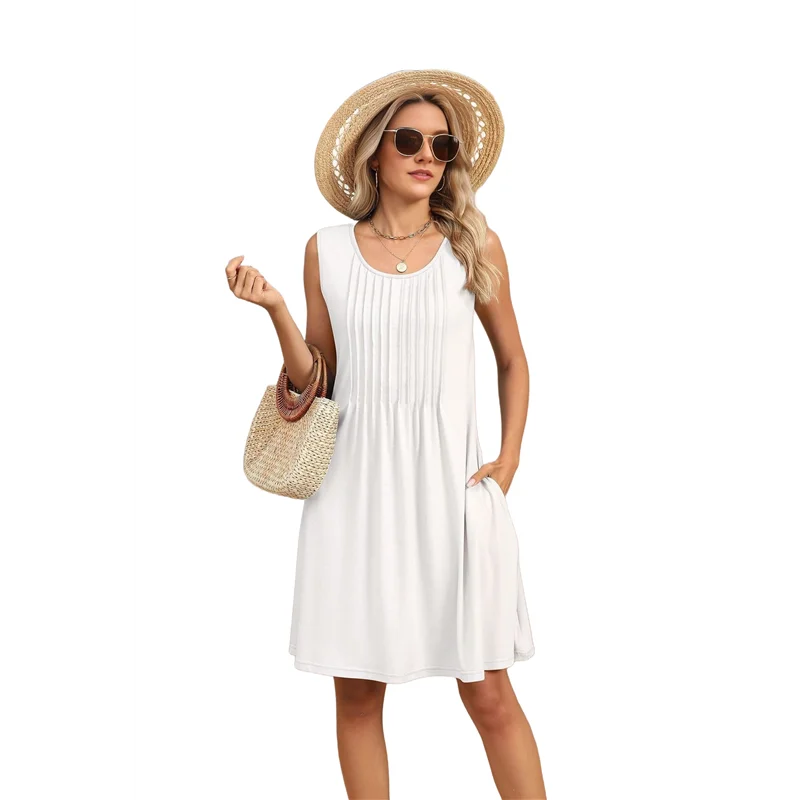 Свободные пляжные каникулы, повседневные сарафаны без рукавов с круглым вырезом и карманами, платье-майка