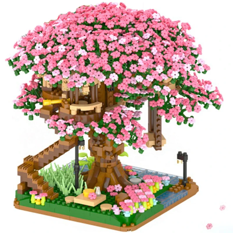 Blocos de construção em miniatura para crianças, casa de cerejeira, bricolage, montagem educacional, tijolos de flores, brinquedos para meninas