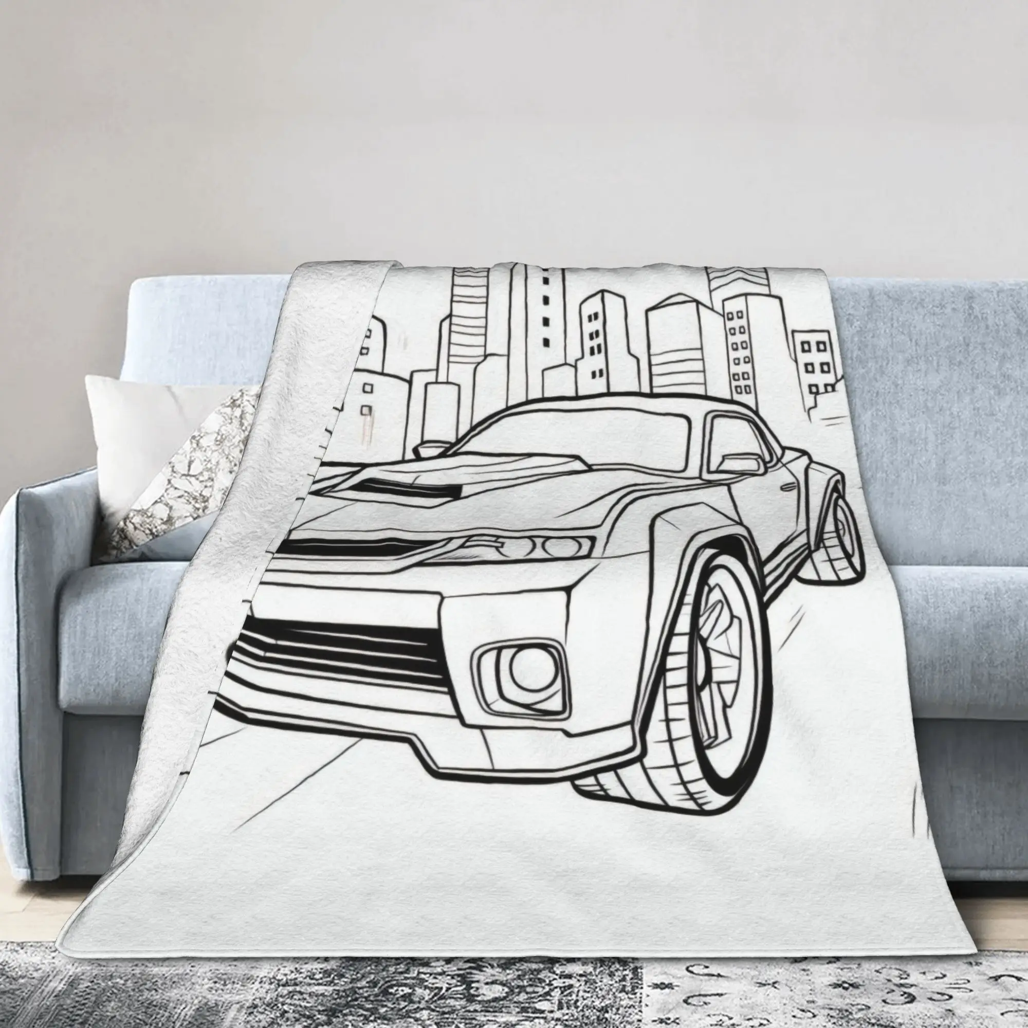 High Quality Car Doodle Cityscape Art Blanket Throw Polyester Plush Couch Decor Sketch Design Gift for Modern Home Living Room