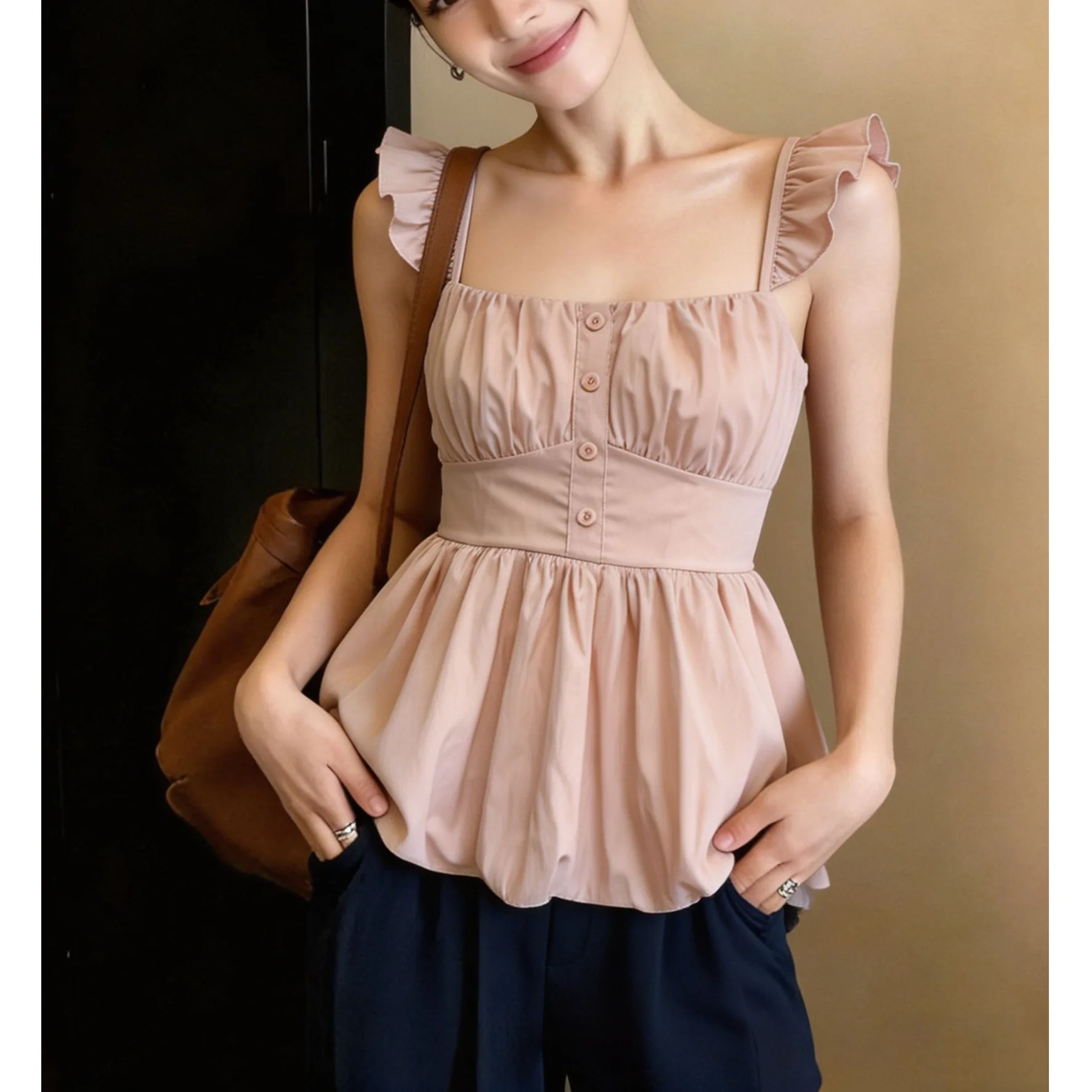 Sweet Style Strapless Vest Top Women's Summer New Fashion Small Flying Sleeve Shirt Casual Wear Regular Fit Three-acetate Fiber