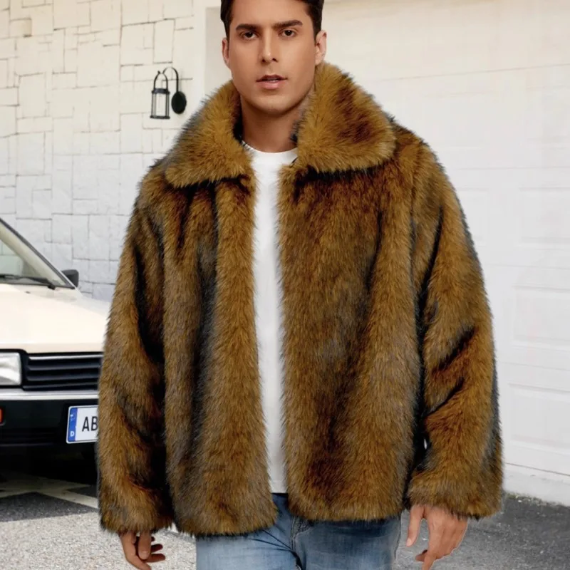 

2025 Winter Retro Thicken Warm Jackets Coats Fur Fluffy Long Coats Jacket Outerwear Mens Faux Fur Solid Color Lapel Jacket Tops
