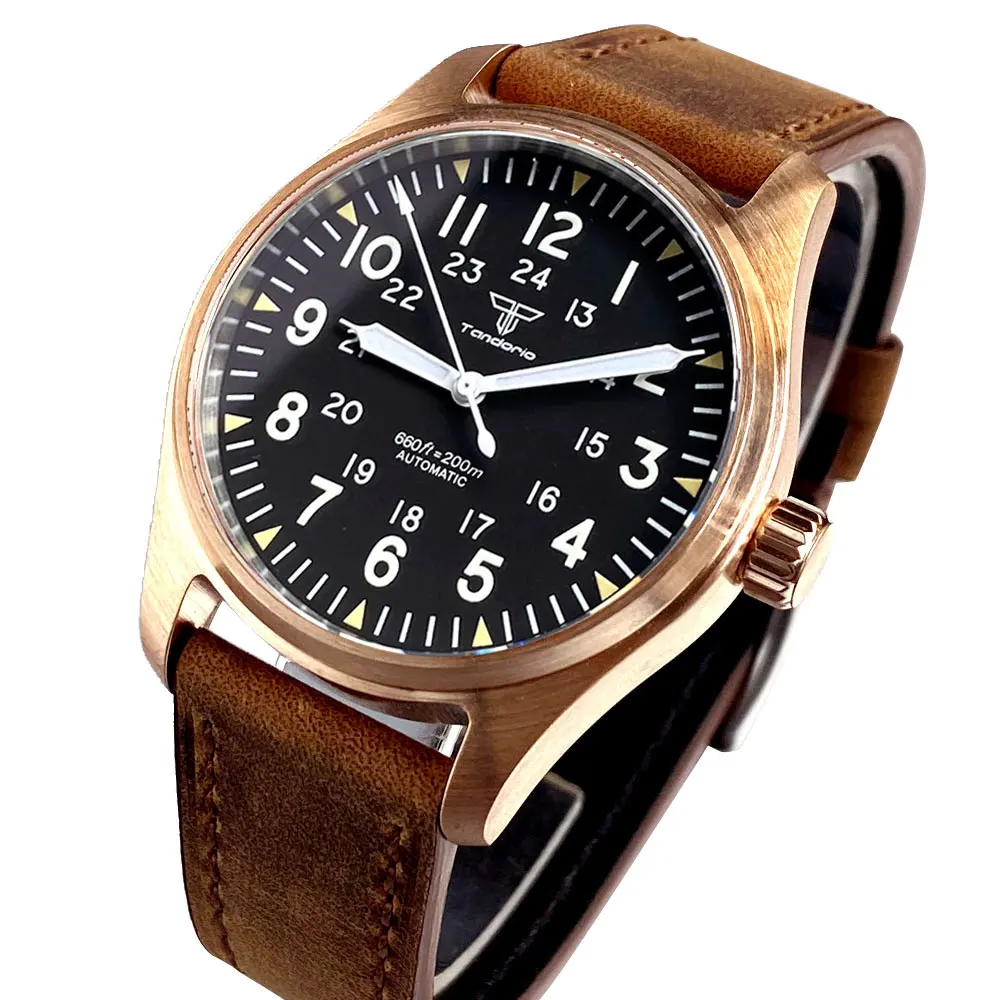 Tandorio 39mm Pilot Style Cusn8 Bronze Retro Watches Sapphire Glass Automatic Japan NH35 PT5000 Diver Men's Watch 20ATM Luminous