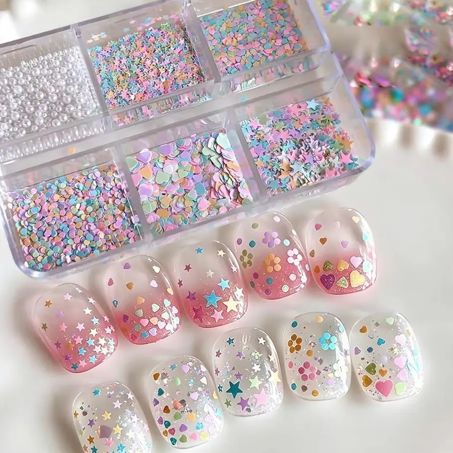 6grid 3D Colorful Macaron Star/Heart/Dots Nail Sequins Mini White Pearls Nail Charms Candy Color Heart Star Nail Paillette D&41