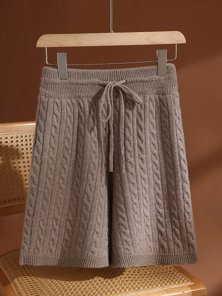 

Women Wool Shorts Drawstring Twist Flower Elastic Waist Short Pants Autumn Winter Soft Jacquard 100% Merino Wool Knitted Shorts