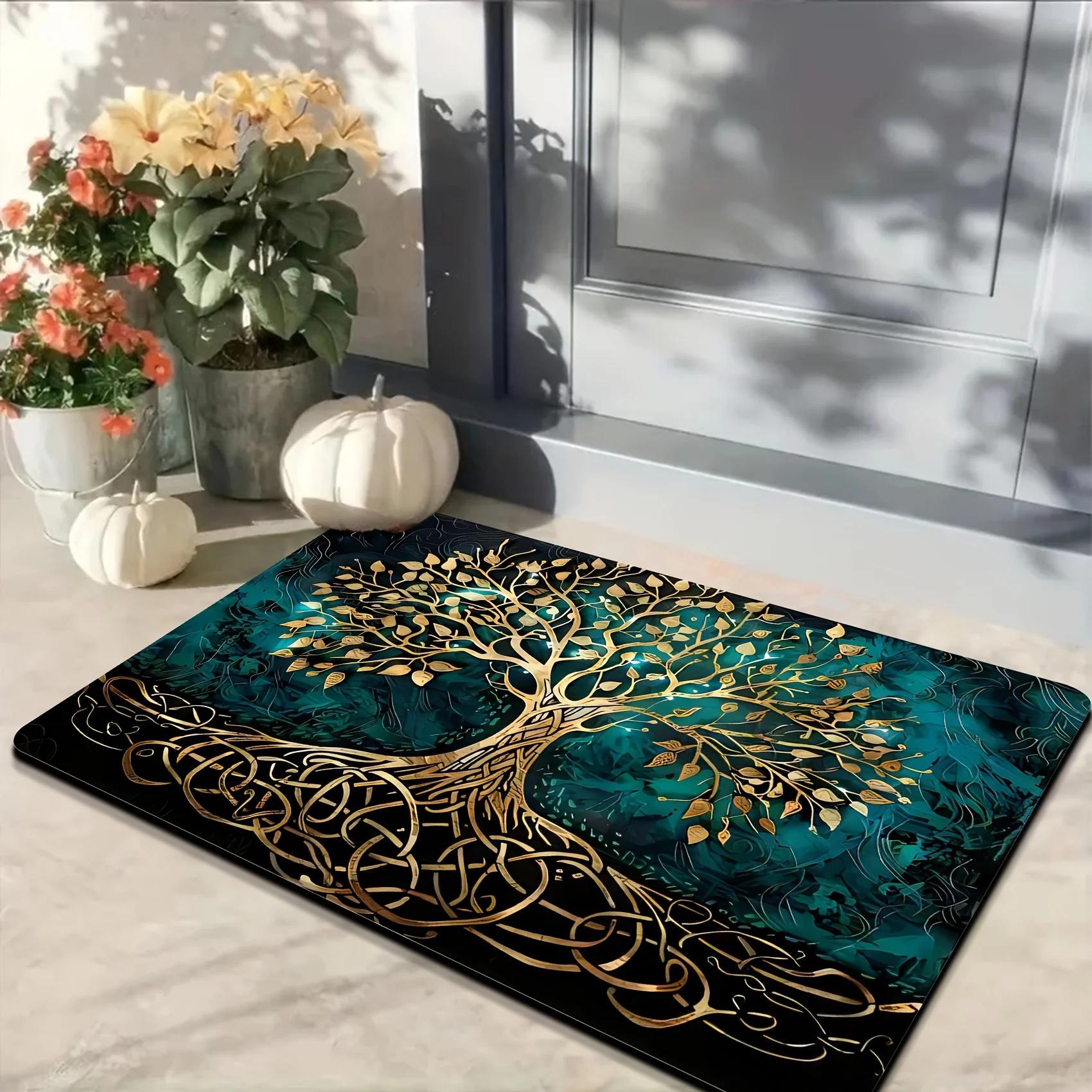 Antique Gold Celtic Tree of Life Doormat Luxury Entryway Mat Green Teal Polyester Floor Rug Home Decor Protection