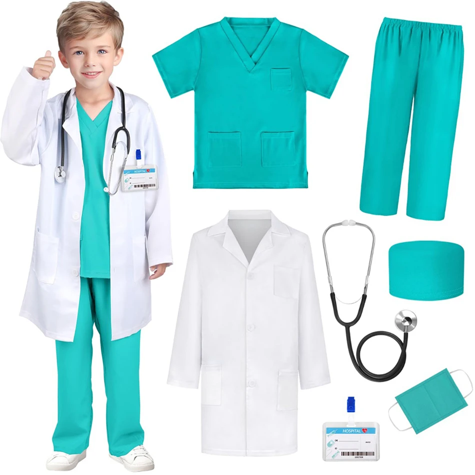 7-Pack Kid White Medical Uniform Lab Coat Doctor Nurses Boy Girl Performances and Educational Costume Children Clothing Set
