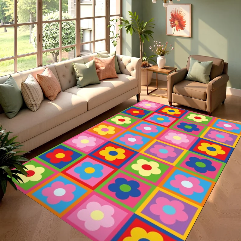 Groovy Retro Floor Rug Bright Multicolor Checkered Square Flower Cute Stylish Decor Area Rug for Living Space Home Ornament