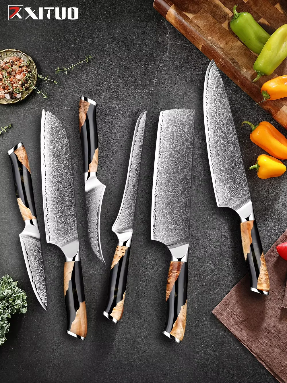 

Damascus Steel Kitchen Knife Set 1-6PCS Japanese Chef Knife, Paring Knife, Boning Knife-Ultra Sharp, Black Resin Wood Handle