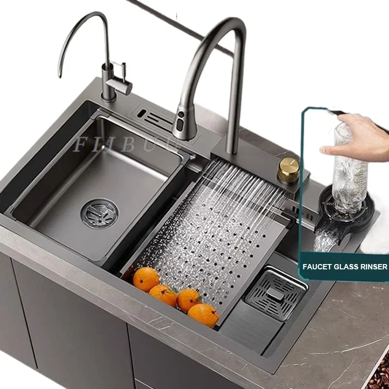 

#Waterfall Kitchen Sink Topmount Single Bowl Wash Basin Stainless Steel Workstation with Drain Accessories Knife Holder Faucet