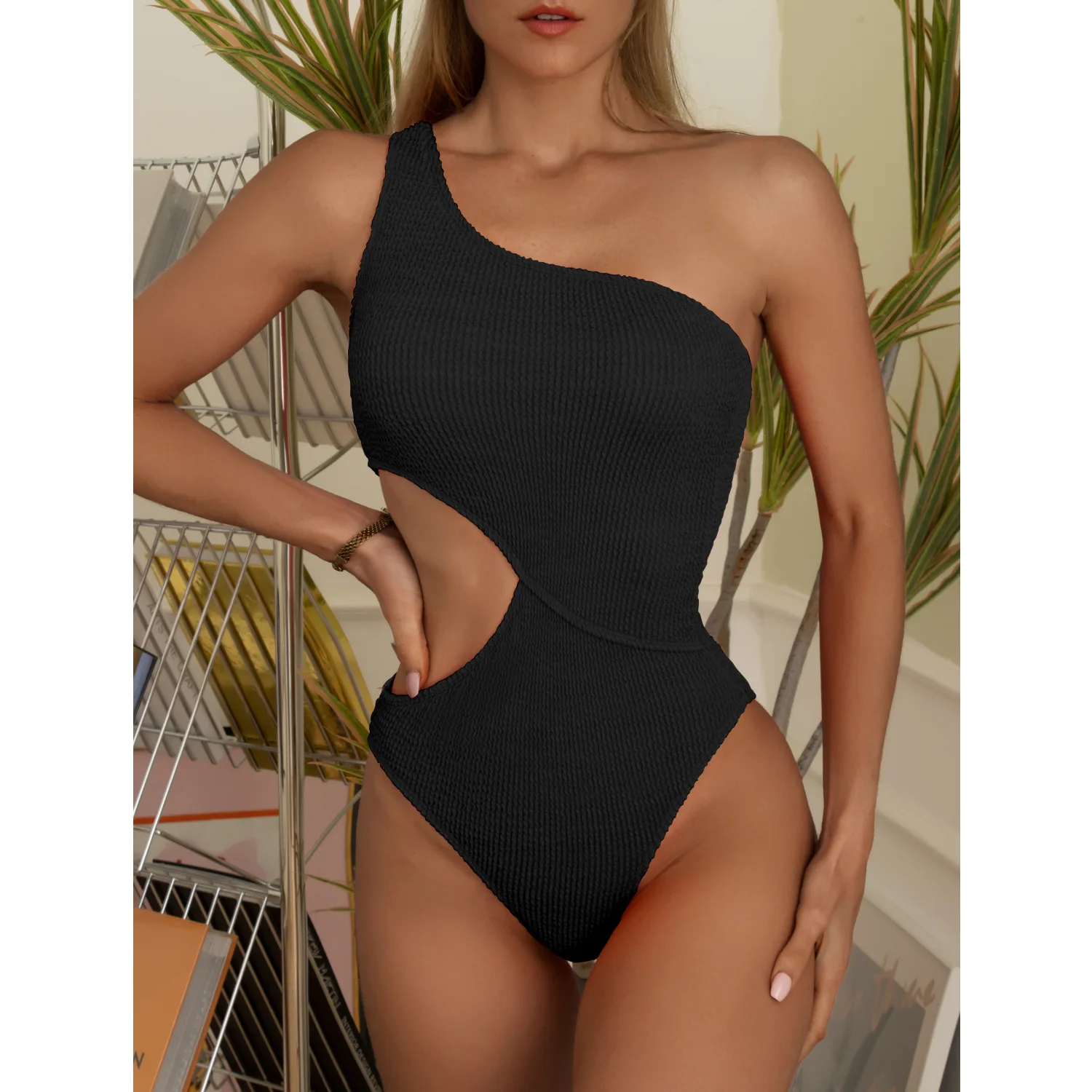 Een Schouder Vrouwen Badpak Een Stuk Uitgesneden Sexy Badmode Vrouwen 2022 Geweven Monokini Solid Badpak Beach Wear