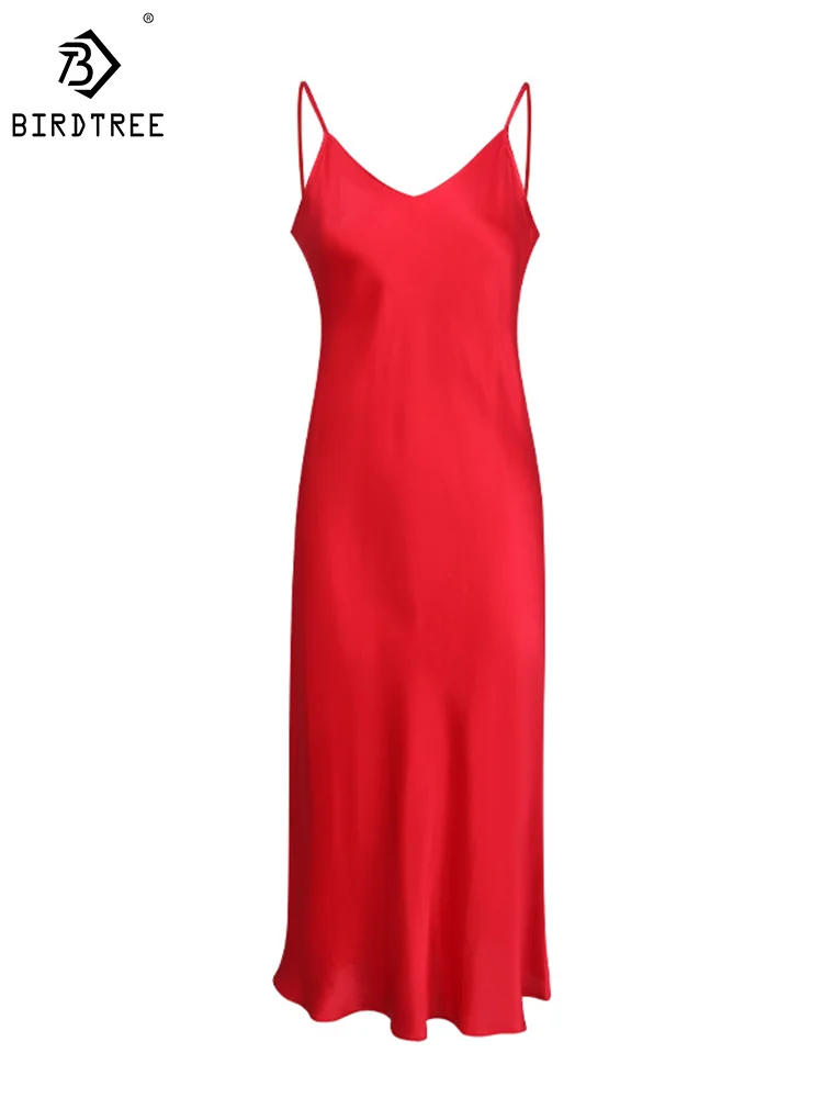 

BirdTree 100%Real Silk Dress For Women, V Neck Spaghetti Strap, Elegant Fashion Home Nightgown, 2024 Spring Summer New D42723QM