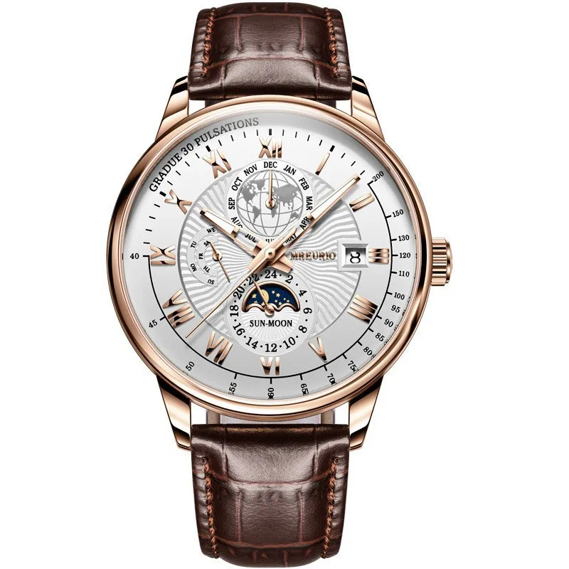 Image of Heißer Verkauf Marken-Herrenuhr mit Kalender, gefälschtem Drei-Augen-Sternenhimmel-Monenzifferblatt, Business-Uhr, modische Lederarmband-Quarzuhr