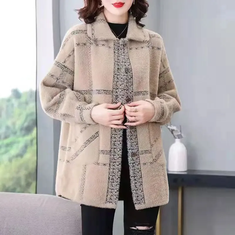 

Autumn Winter New Faux Mink Velvet Coat Women Mid-Length Middle-Aged Mom Plaid Double-Sided Woolen Jacket Loose Outerwear G3040