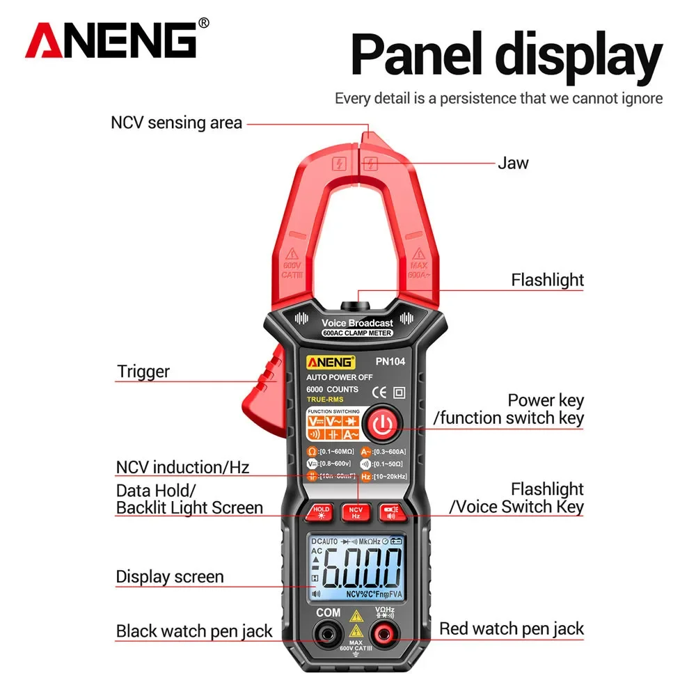 ANENG PN104 Multimetr do transmisji głosowej Cęg 600A Cyfrowy miernik cęgowy AC DC Tester napięcia Samochodowy tester Ohm Narzędzie dla elektryków