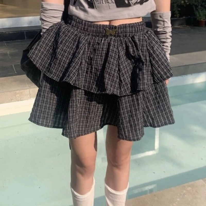 Deeptown Ruffle Geruite Mini Rok Vrouwen Kawaii Preppy Stijl Korte Rokjes Gelaagd Schattige Koreaanse Mode Casual Straatrok