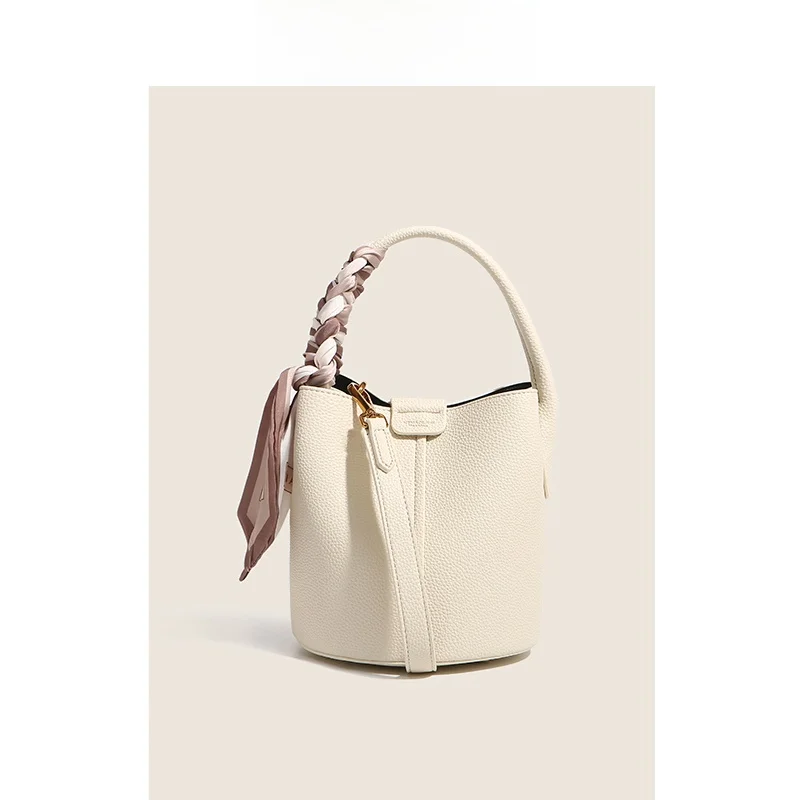 Genuine Leather Bucket Bag Women's Handbag Spring 2026 New Style Single Shoulder Satchel with Scarf Decoration Luxury Tote