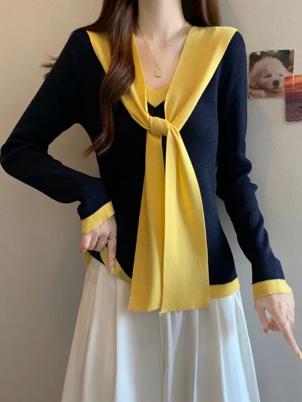 التخسيس V-Ne محبوك سترة المرأة الخريف الشتاء قطعتين مجموعة oulder طول تريكو قاعدة irt الكورية Sle تخفيف