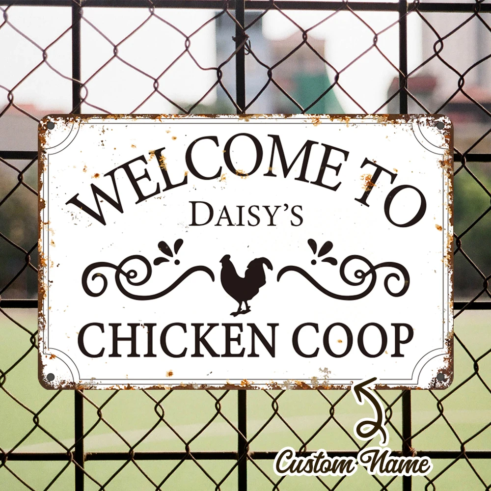 2DFlat Personalized Chicken Coop Tin Sign Custom Family Name Retro Distressed Metal Wall Sign, Farm Hen House Outdoor Decoration