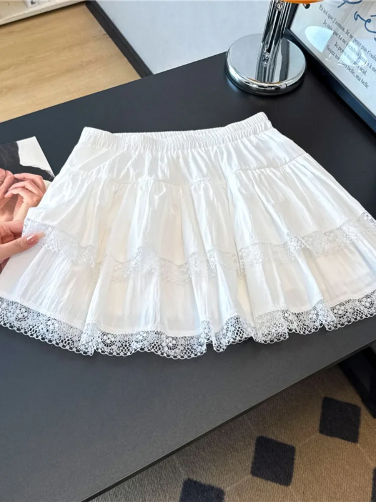 プリンセススタイルaラインスカート、レーストリム付きハイウエスト、ベーキングケーキスカート、女性用サマーバレエ風スイートハーフスカート
