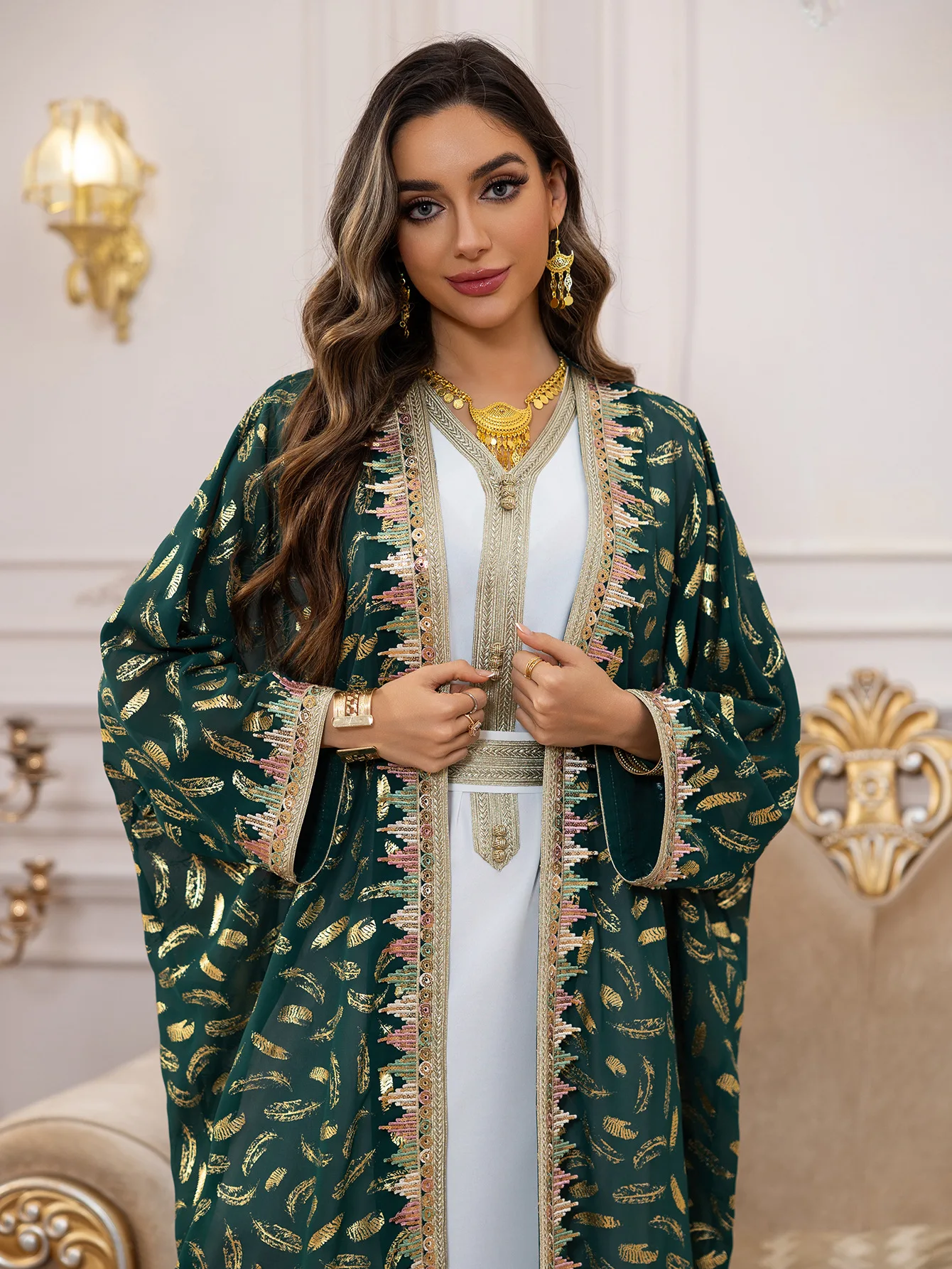 

Eid Muslim Sets for Women Print Kimono Cardigan with Inner Dress 2 Piece Dubai Abaya Turkey Kaftan Kebaya Morocco Islam Jalabiya